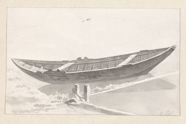 A wooden rowboat resting on wooden supports on dry land, viewed from a low angle, with a faint bird in the pale sky above.