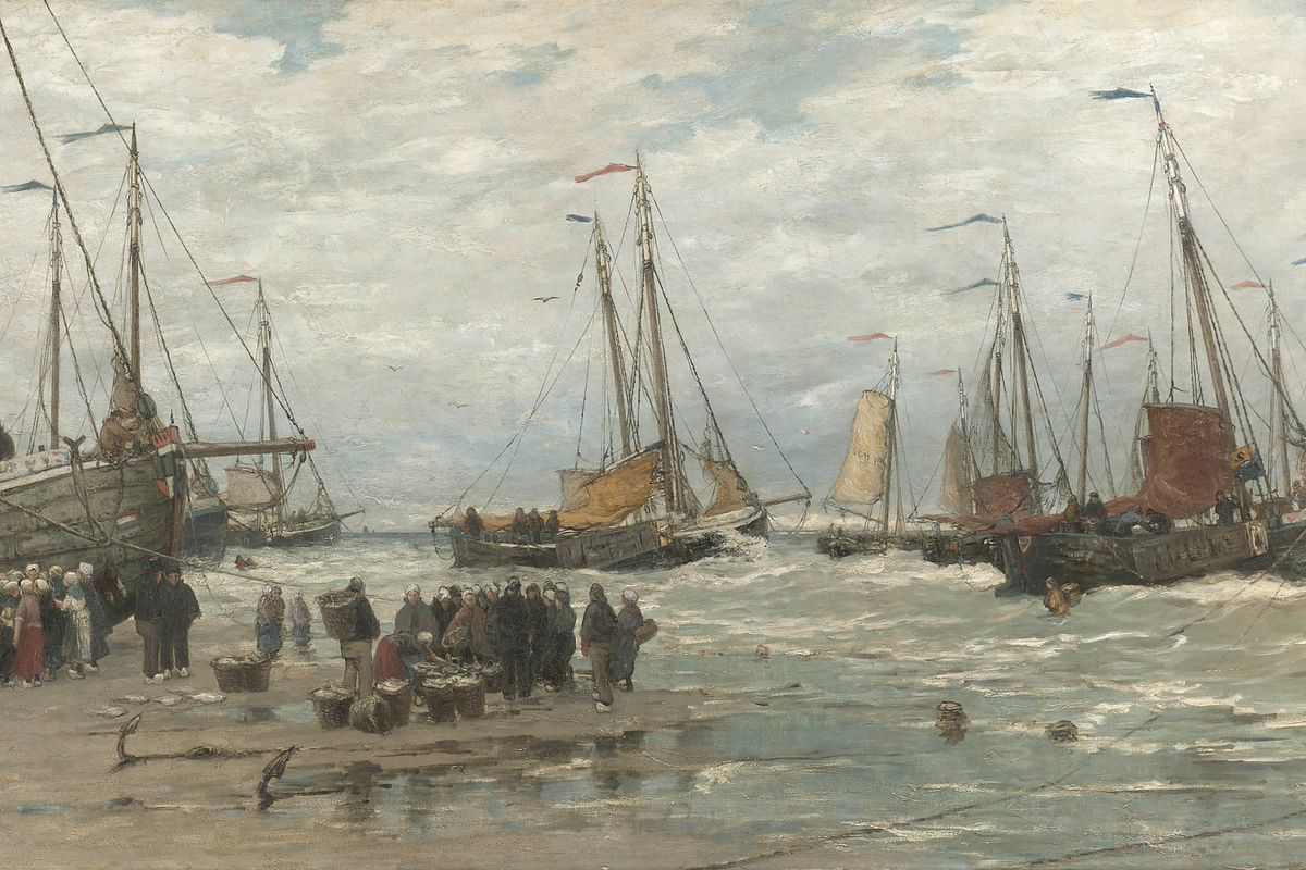 A group of fishing boats arriving on a crowded beach with figures unloading catch under a cloudy grey sky.