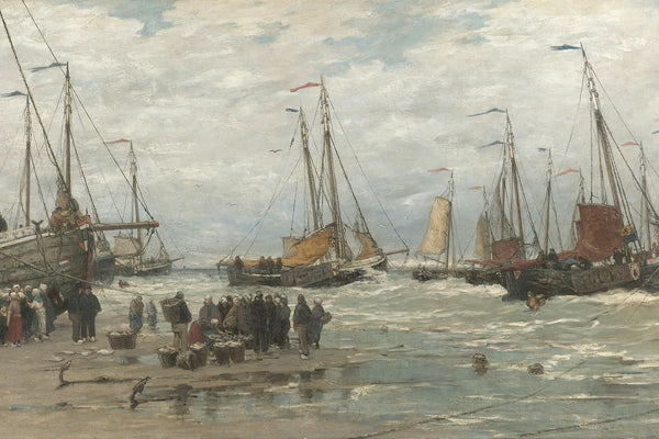 A group of fishing boats arriving on a crowded beach with figures unloading catch under a cloudy grey sky.