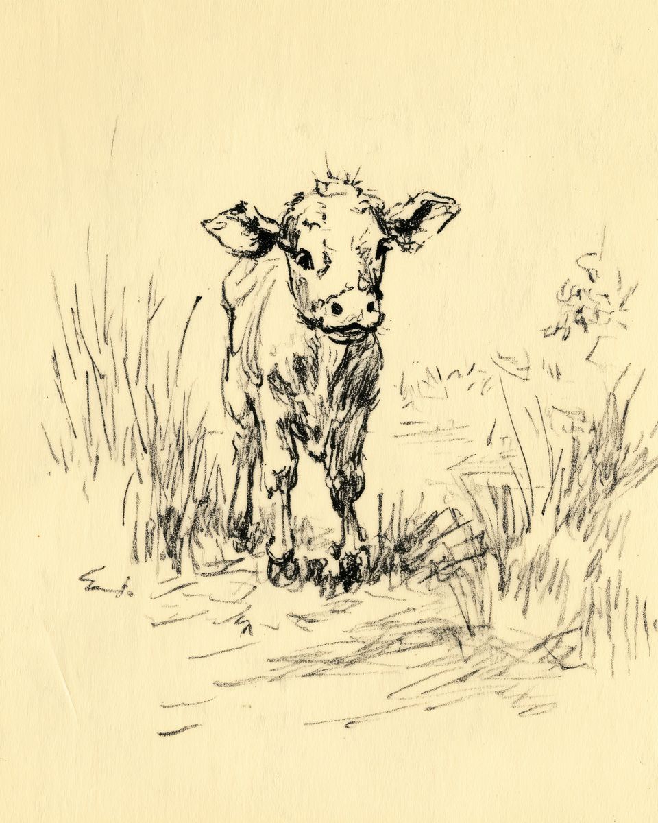 A charcoal sketch of a young calf standing in tall grass, facing forward against a pale cream background.