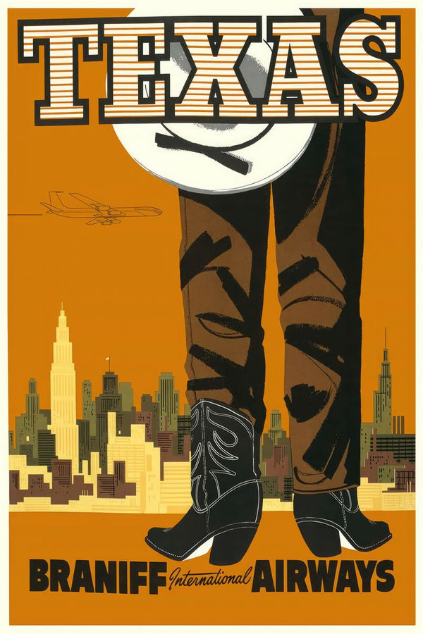 A vintage airline travel poster showing a giant cowboy in boots and hat towering over a city skyline, with the word TEXAS at