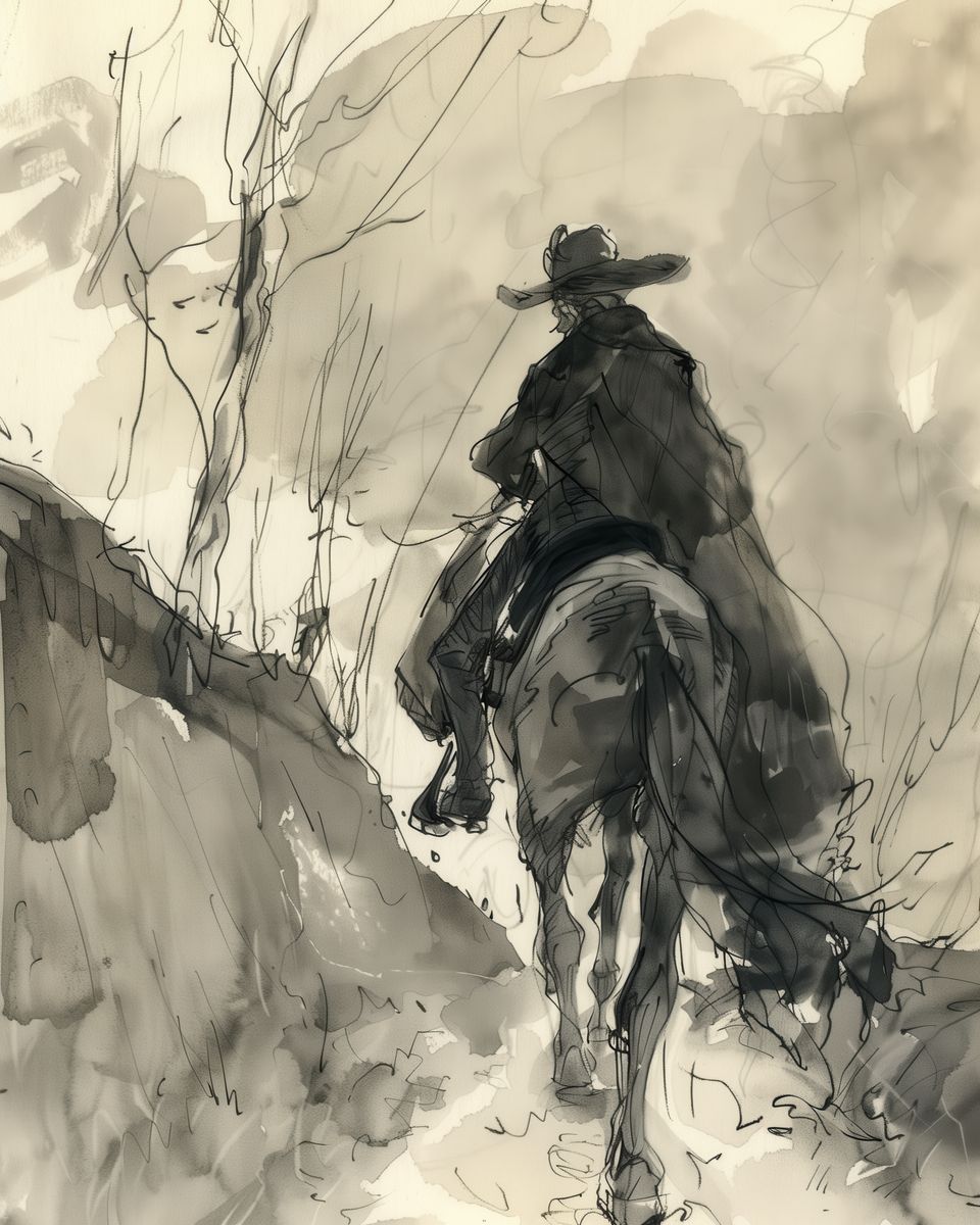 A cloaked rider on horseback seen from behind, traveling through bare winter brush under a pale overcast sky.