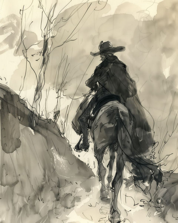 A cloaked rider on horseback seen from behind, traveling through bare winter brush under a pale overcast sky.