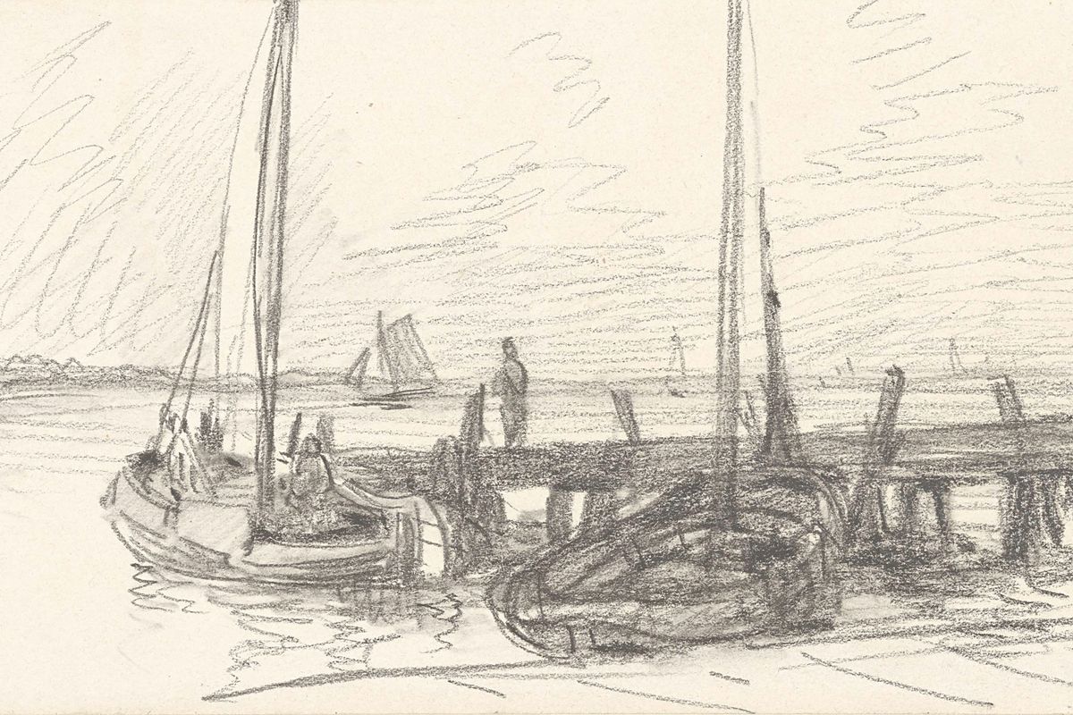 Pencil sketch of two moored sailboats at a wooden dock with figures, open water, and distant sailboats on the horizon.