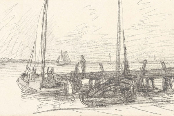 Pencil sketch of two moored sailboats at a wooden dock with figures, open water, and distant sailboats on the horizon.