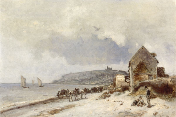Horses and a cart on a wide sandy beach beside ruined stone buildings, with sailing boats on the sea and a distant rocky head