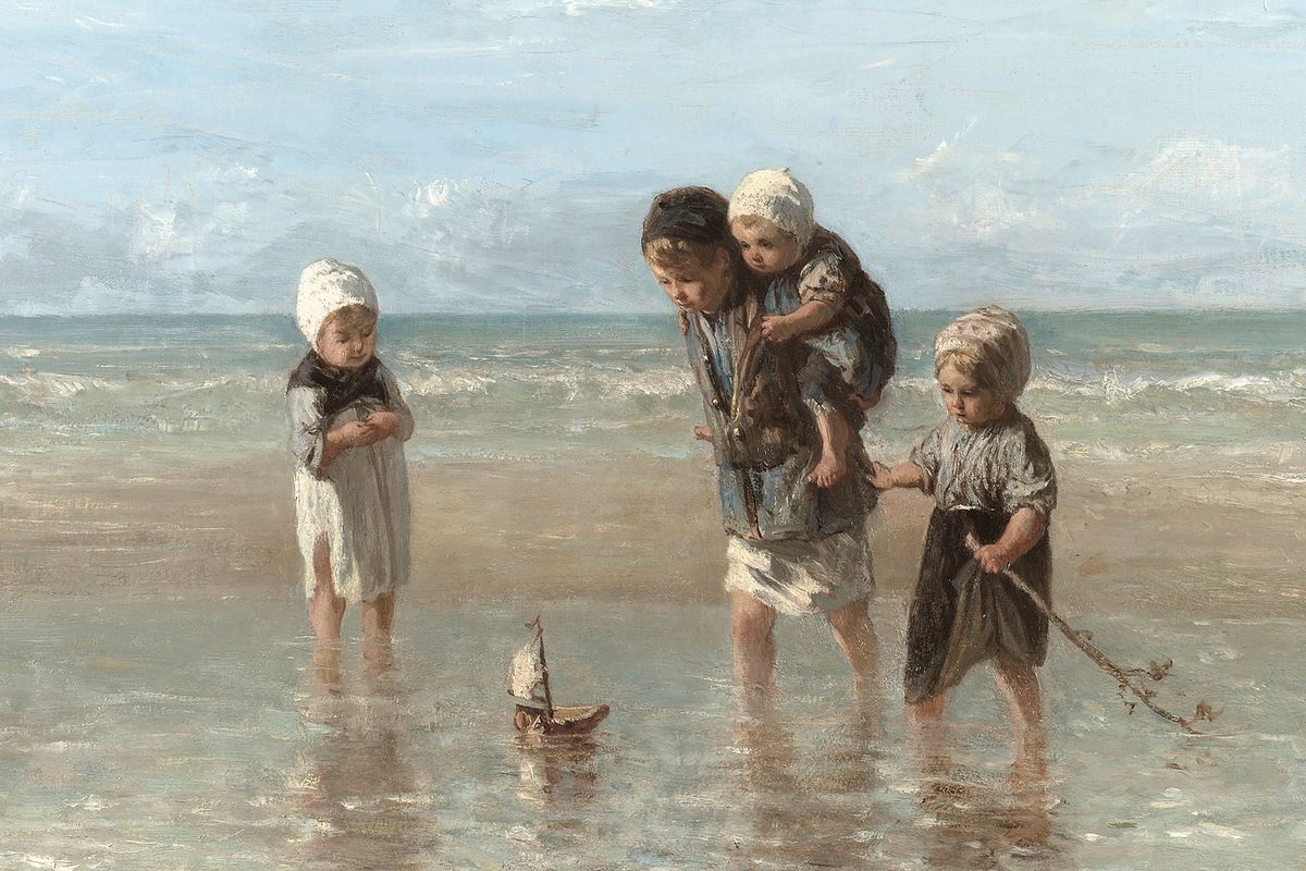 Four children in old-fashioned clothing wade in shallow beach surf, looking at a small toy sailboat floating on the wet sand.