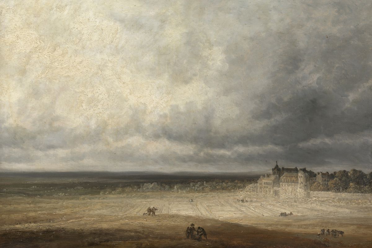 A wide oil painting of a flat plain under a stormy grey sky, with a distant château at right and small figures in the foregro