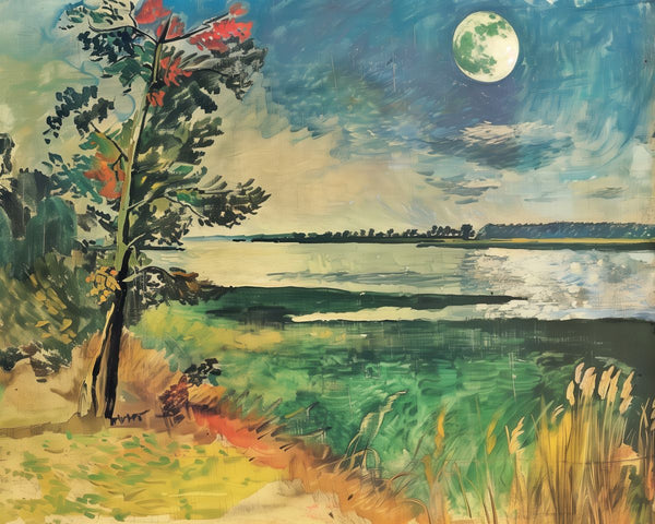 A full moon rises over a wide marsh or lake, framed by a leaning tree with autumn foliage and reed grass in the foreground.