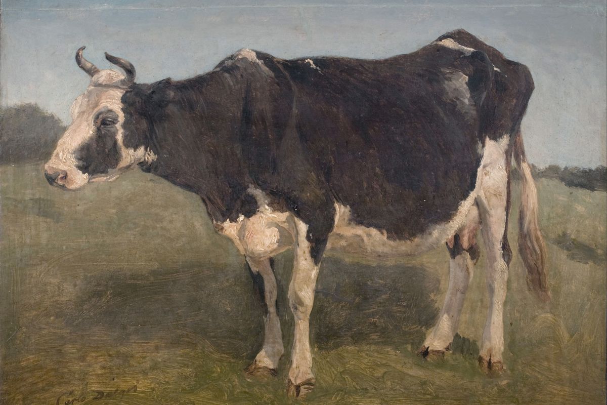 A black-and-white horned dairy cow stands in a grassy field against a pale blue-gray sky.