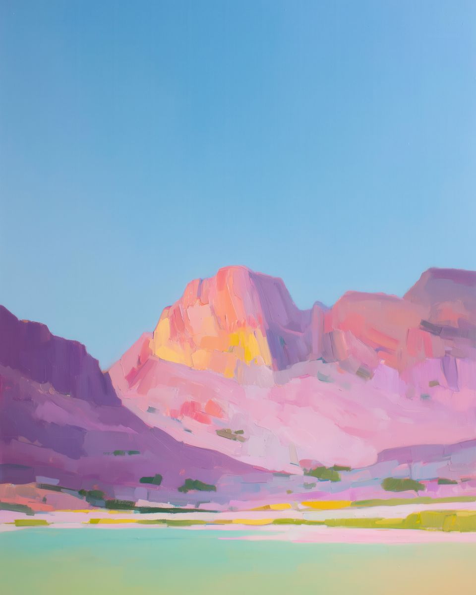 A pink and mauve mesa with canyon walls painted in loose oil strokes, set beneath a clear blue sky above a pale desert floor.