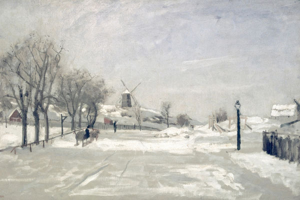 A snow-covered winter village with a windmill, bare trees, a horse and rider, and overcast gray sky painted in oil.