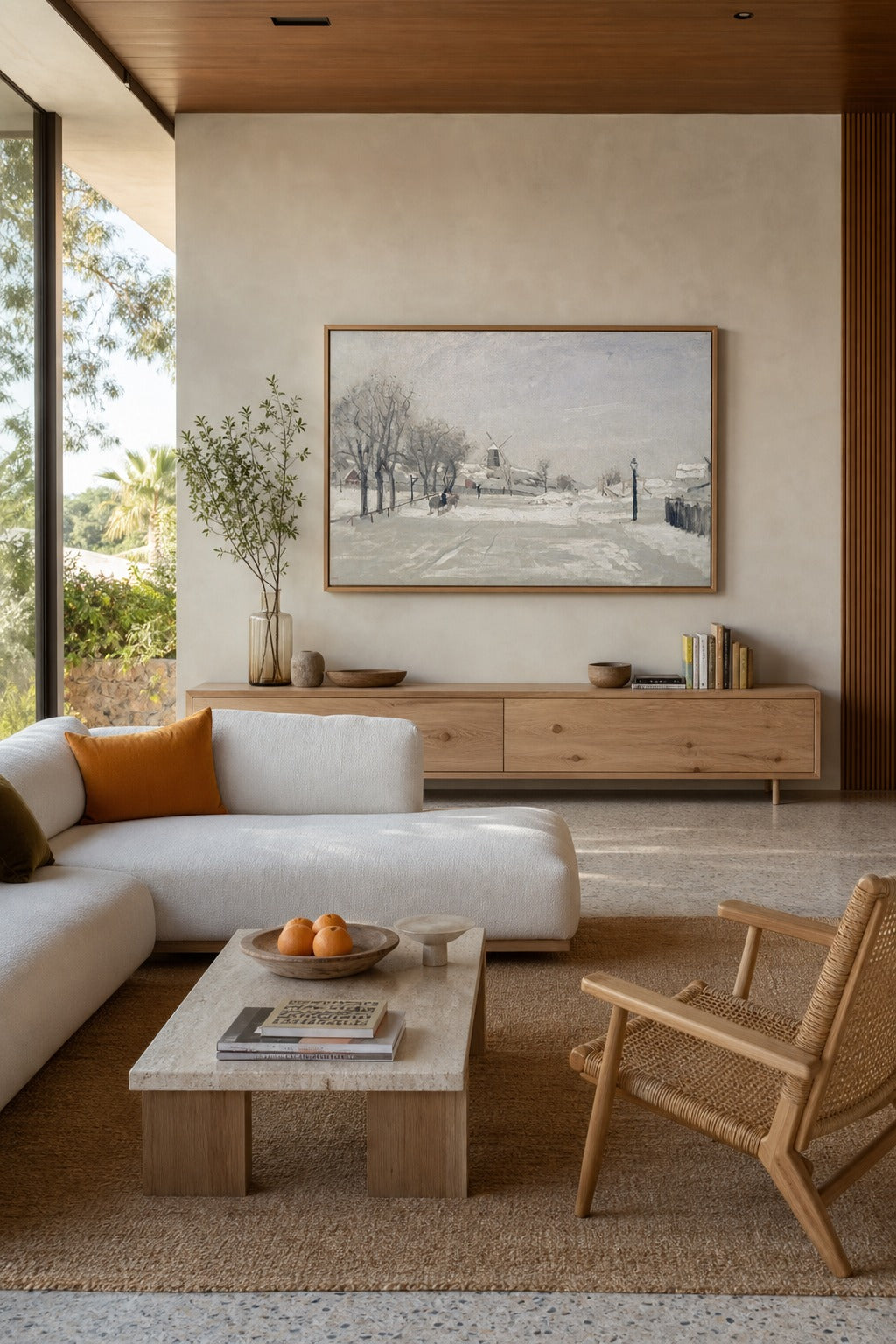 Mill in Snow art print displayed in a modern interior