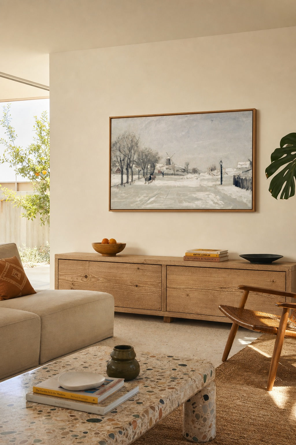 Mill in Snow art print shown to scale on a wall