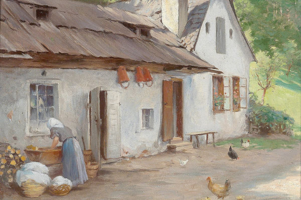 A woman working at a wash basin outside a whitewashed rural farmhouse, with chickens roaming the sunlit courtyard.