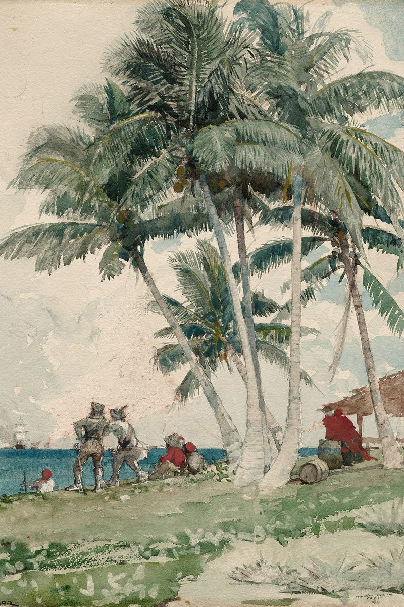 Watercolor scene of tall coconut palms on a tropical shore with small red-clad figures working, barrels, a thatched shelter,