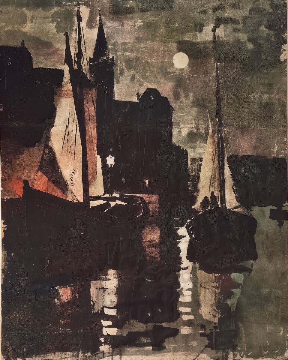 Two sailboats moored in a harbor at night with a full moon above silhouetted buildings and reflections on dark water.