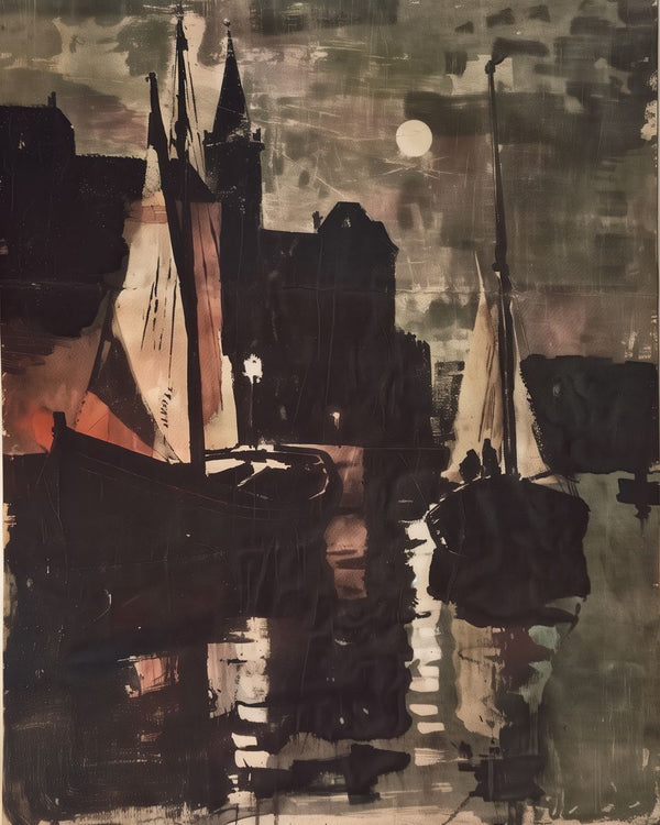 Two sailboats moored in a harbor at night with a full moon above silhouetted buildings and reflections on dark water.