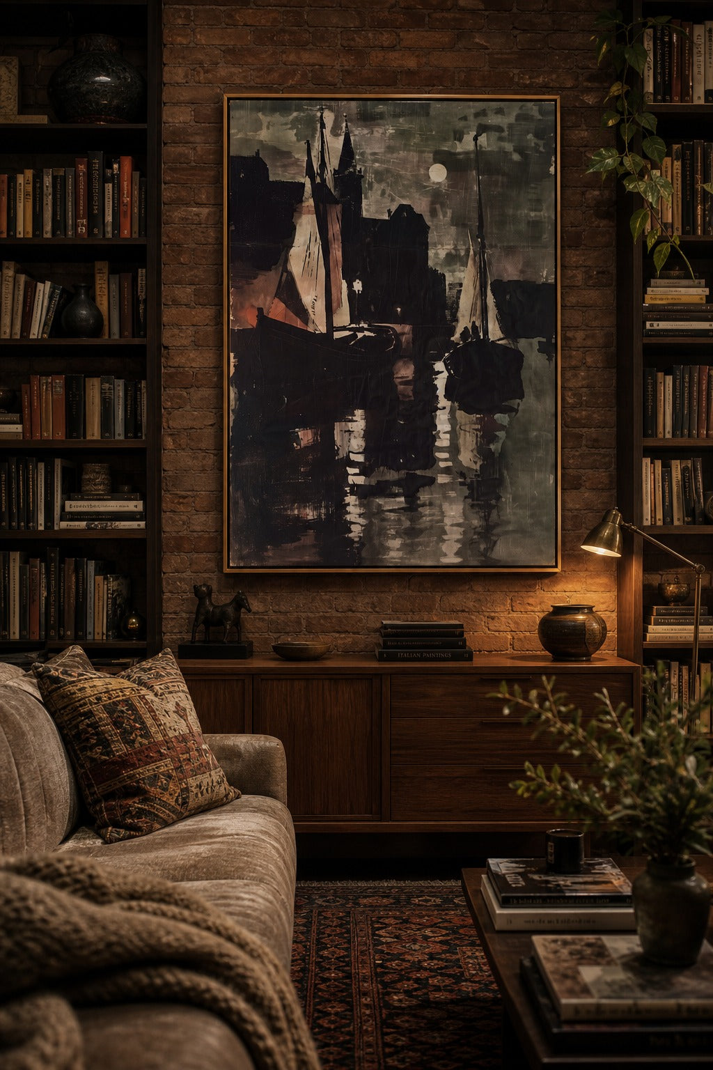 Night Harbor art print shown to scale on a wall