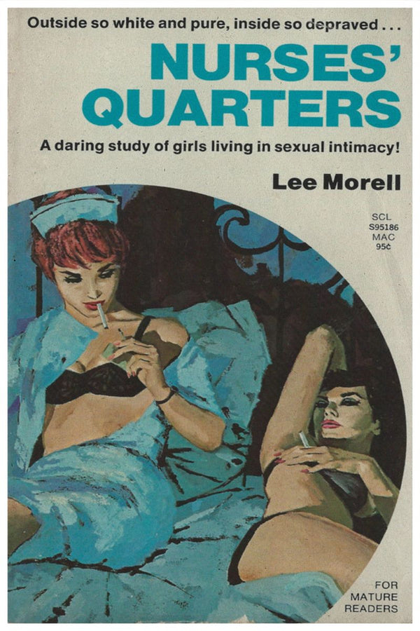 Vintage pulp paperback cover showing two women in nurse uniforms reclining on a bed and smoking cigarettes.