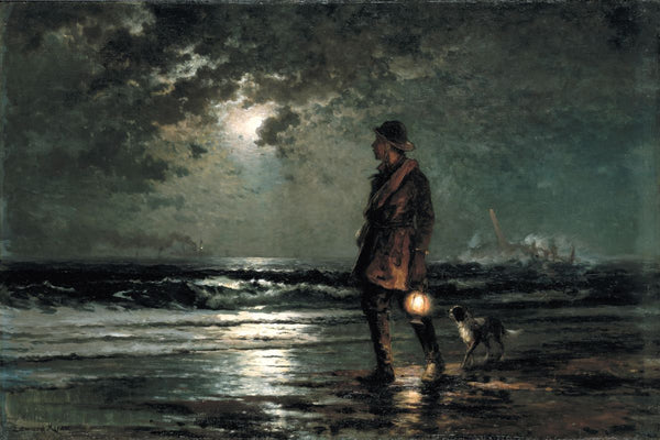A man holding a lantern stands on a moonlit beach with a small dog beside him, looking out at a rough sea at night.