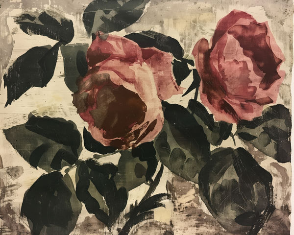 Two open pink and burgundy roses with dark foliage painted on a pale textured ground.