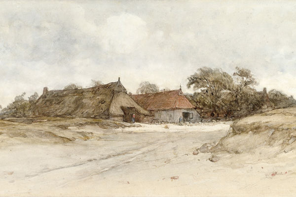 Watercolor painting of thatched farm buildings among sand dunes with trees in the background under a cloudy sky.