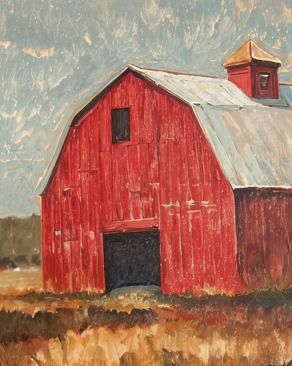 A weathered red gambrel barn with a cupola and open doorway set in a dry grass field under a pale stormy sky.