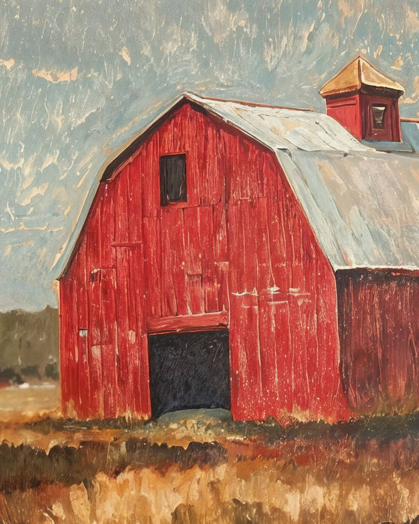 A weathered red gambrel barn with a cupola and open doorway set in a dry grass field under a pale stormy sky.