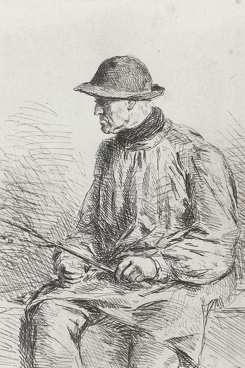 An elderly seated man in a bowler hat shown in left-facing profile, drawn in black ink on cream paper.