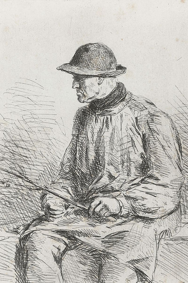 An elderly seated man in a bowler hat shown in left-facing profile, drawn in black ink on cream paper.