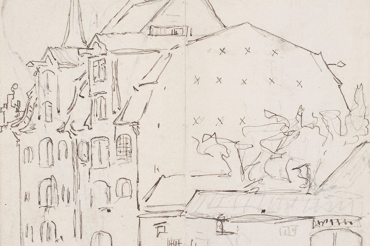 A pencil and ink sketch of European buildings with a church spire, arched windows, stepped rooftops, and loosely drawn trees.