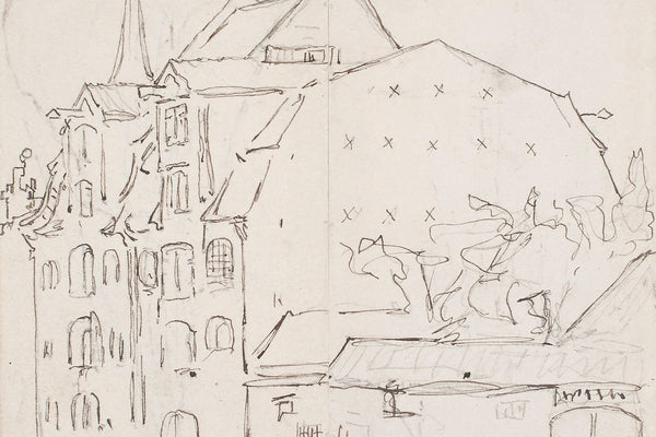 A pencil and ink sketch of European buildings with a church spire, arched windows, stepped rooftops, and loosely drawn trees.