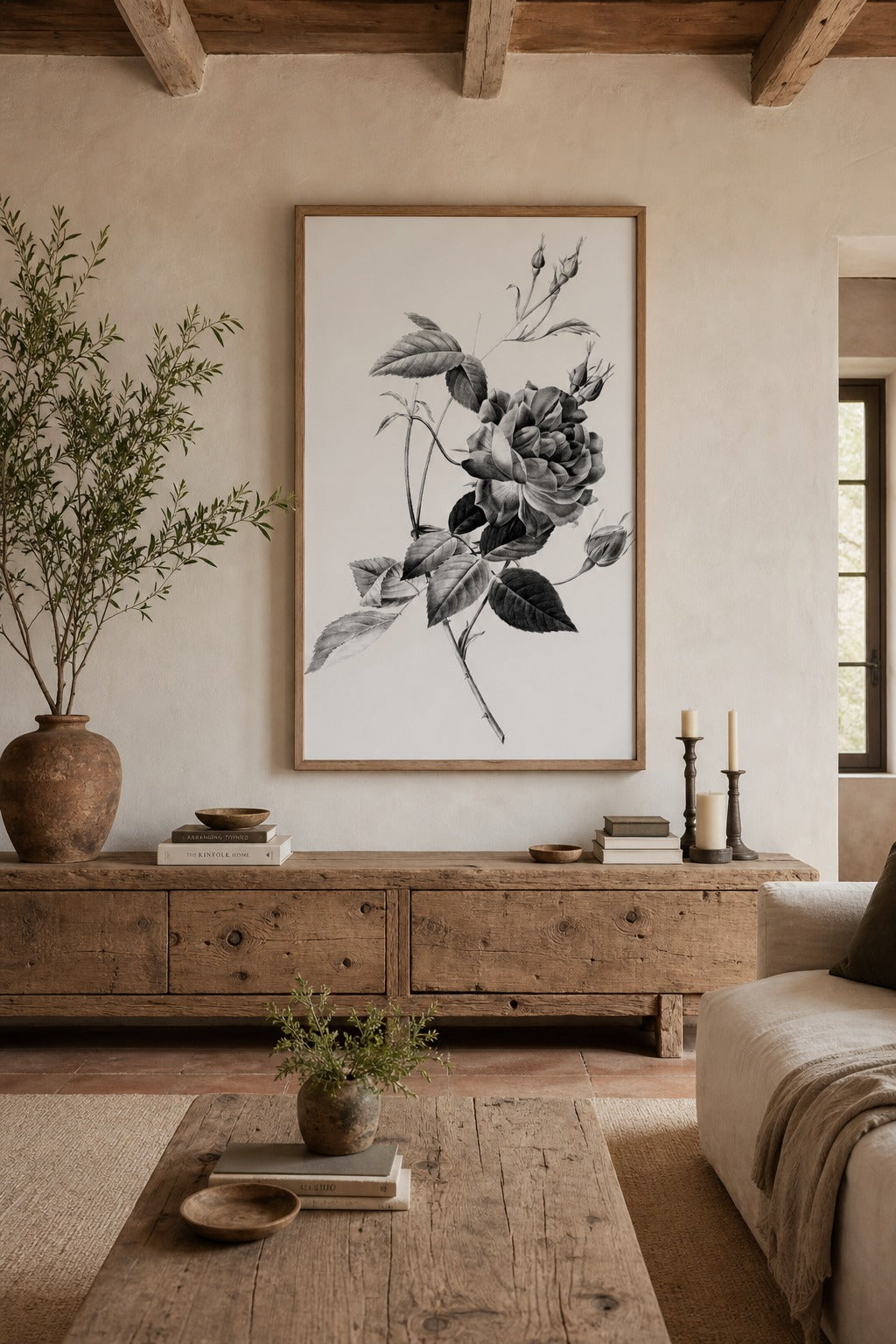 Old Rose art print shown to scale on a wall