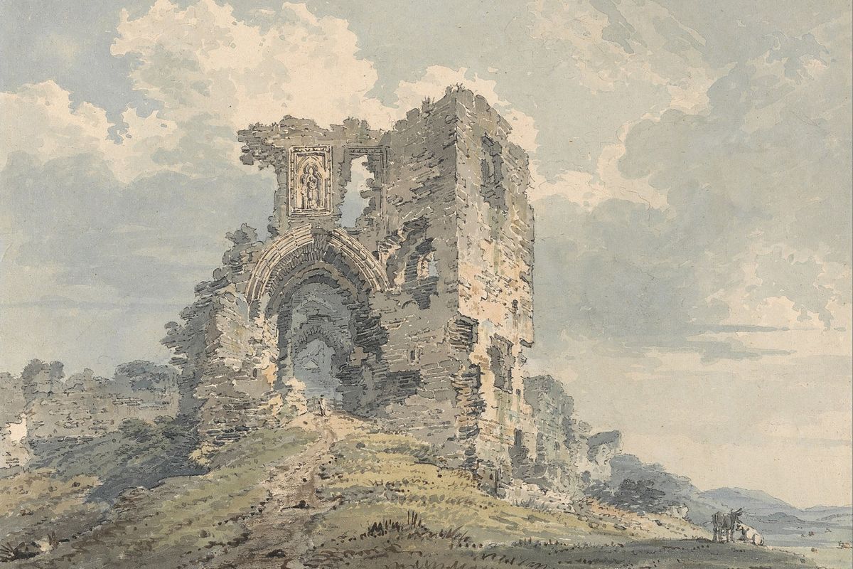 Watercolor painting of a ruined medieval stone tower and Gothic arch on a grassy hill under a cloudy sky, with small figures