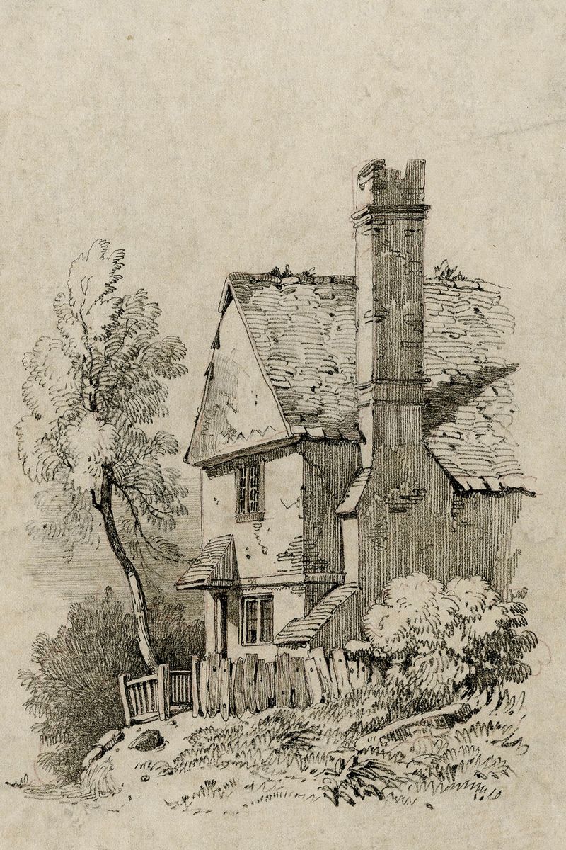 Pen-and-ink sketch of a dilapidated rural cottage with a tall chimney, surrounded by trees, fencing, and wild vegetation.