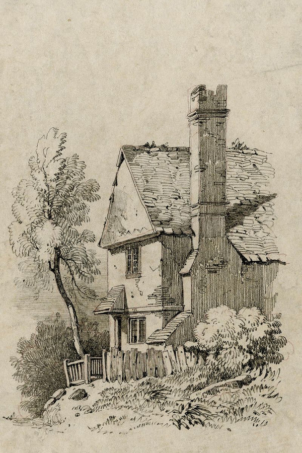 Pen-and-ink sketch of a dilapidated rural cottage with a tall chimney, surrounded by trees, fencing, and wild vegetation.