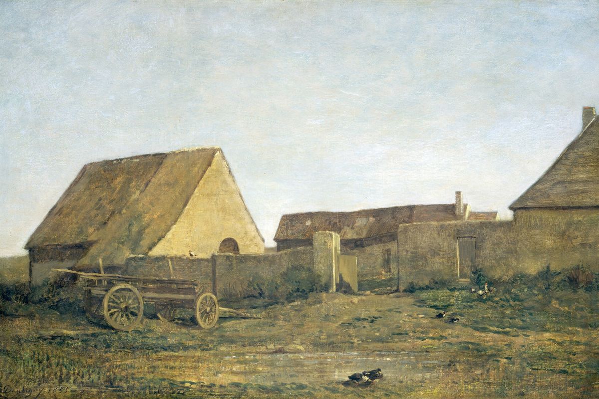 A rural farmyard with thatched stone buildings, a wooden cart, and ducks on muddy ground beneath a pale grey sky.
