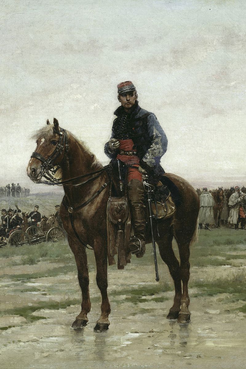 A French cavalry officer in 19th-century uniform mounted on a chestnut horse stands on a flat plain with troops visible in th