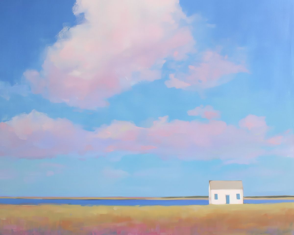 A small white house with a tan roof sits on a flat coastal marsh beside still water under a large pink and blue cloudy sky.