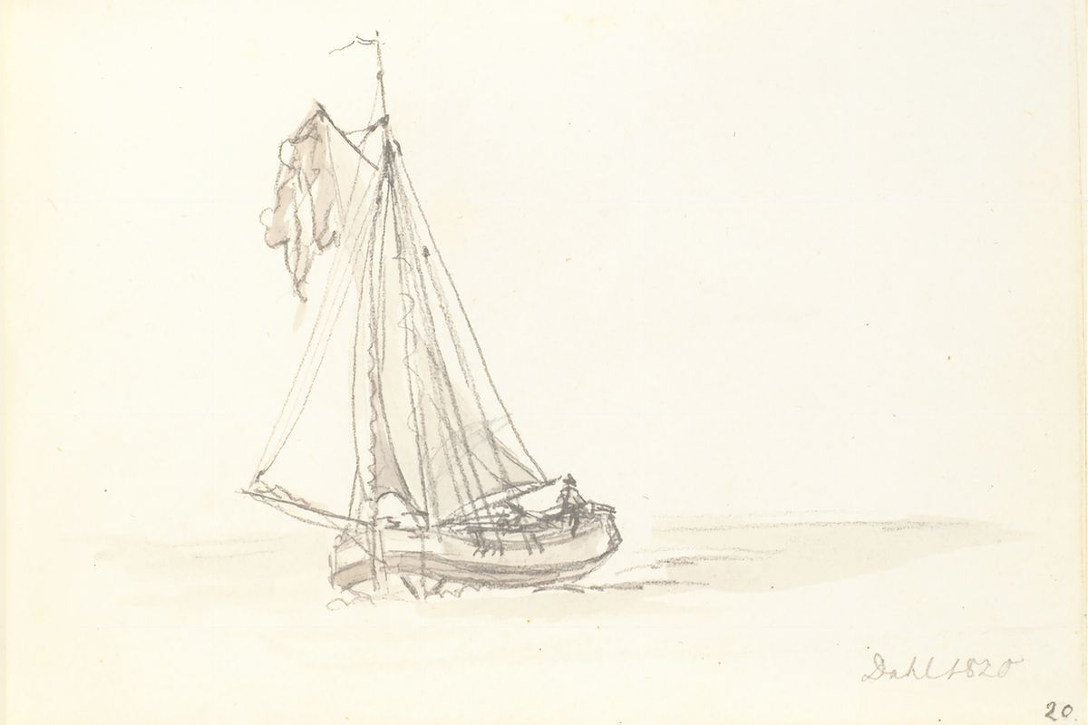 A pencil sketch of a small sailing boat with a loose sail and a single figure on calm water, signed Dahl 1820.