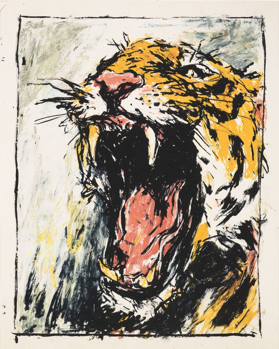 A roaring tiger with open jaws rendered in loose, gestural brushstrokes and bold black mark-making on an off-white ground.