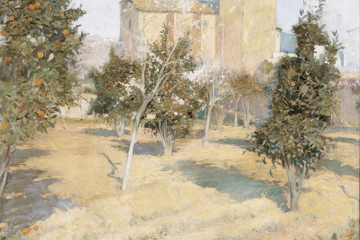 An oil painting of an orange grove and cypress trees in a walled garden with a large pale building in the background.