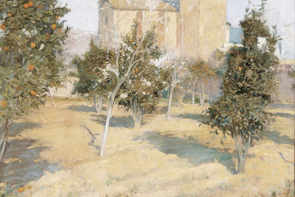 An oil painting of an orange grove and cypress trees in a walled garden with a large pale building in the background.
