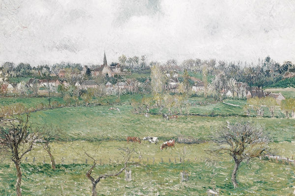 An impressionist oil painting of cattle grazing in green French countryside fields with a village and church steeple in the b