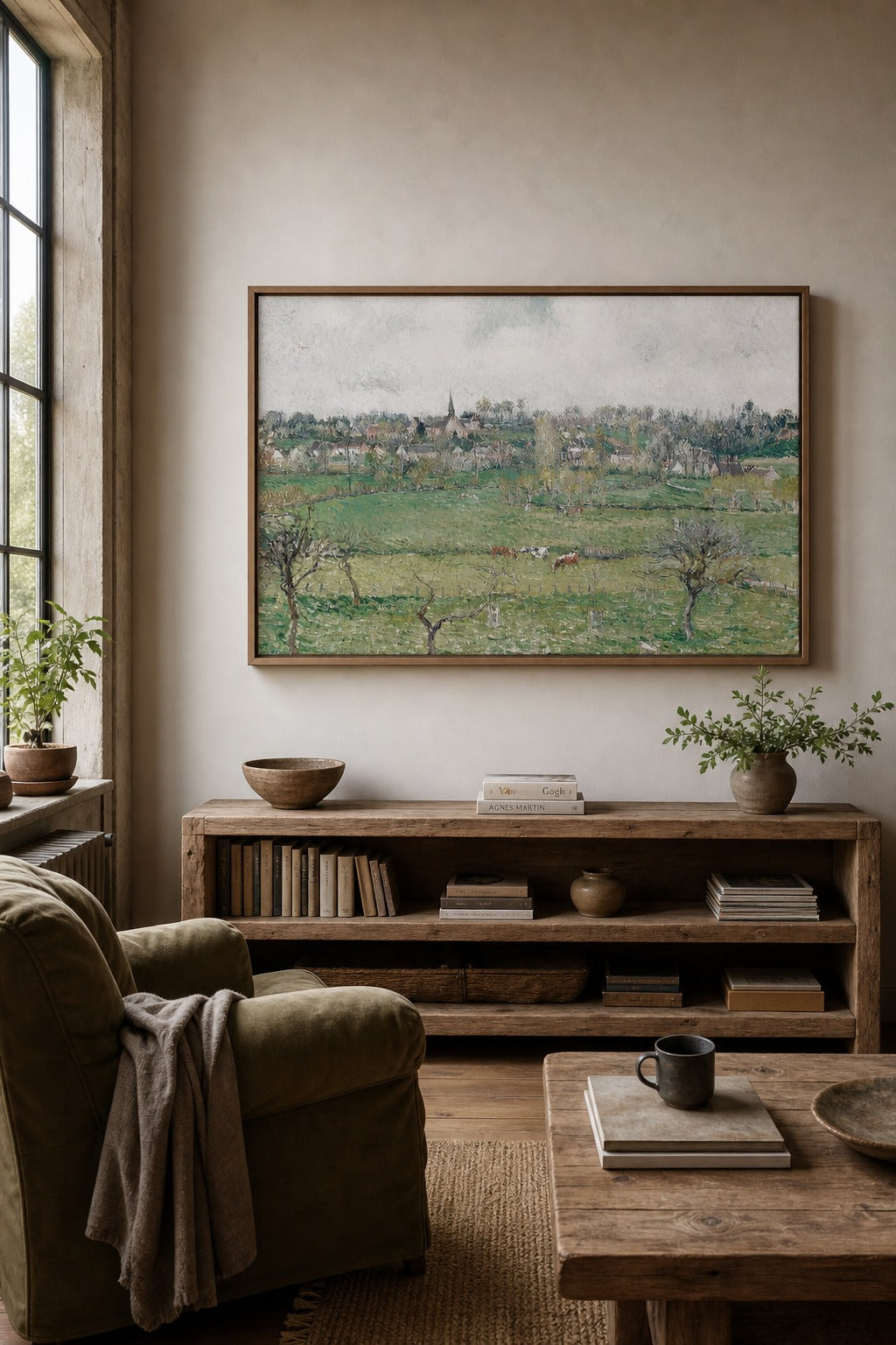 Overcast Pasture art print shown to scale on a wall