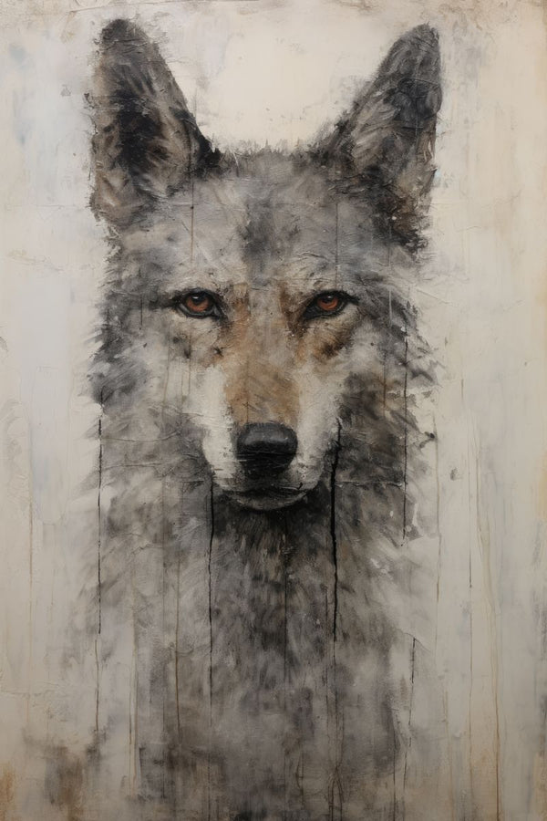 A grey wolf head painted in close-up, facing forward with amber-red eyes, on a pale textured background with vertical drip ma