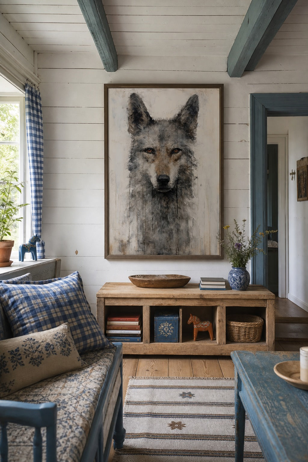Pale Wolf art print shown to scale on a wall