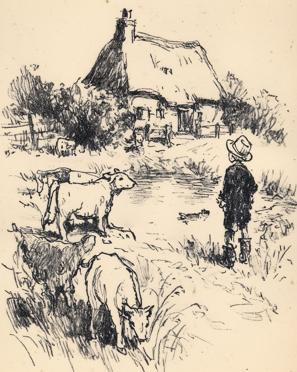 A hatted farmhand stands near haltered cattle in a rural lane with a thatched cottage and trees behind.
