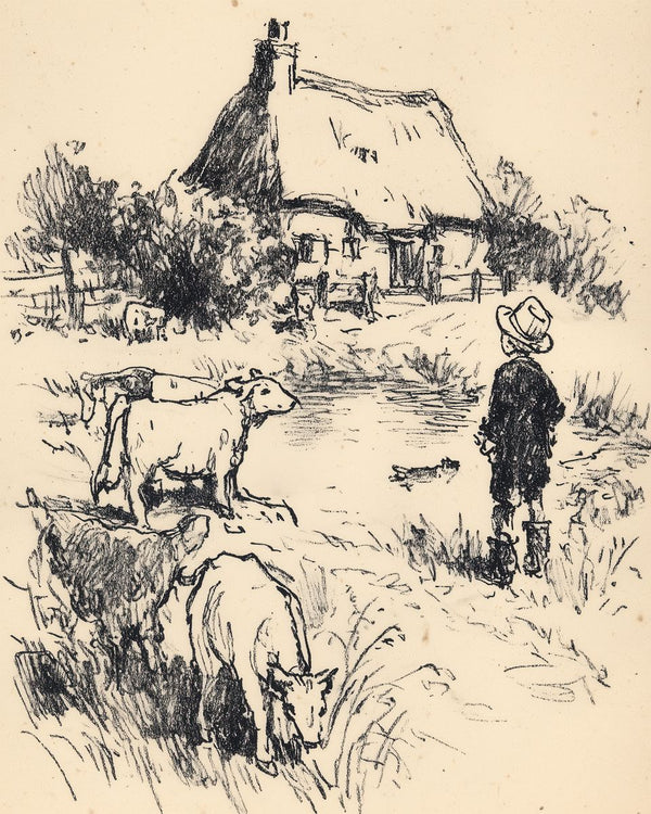 A hatted farmhand stands near haltered cattle in a rural lane with a thatched cottage and trees behind.